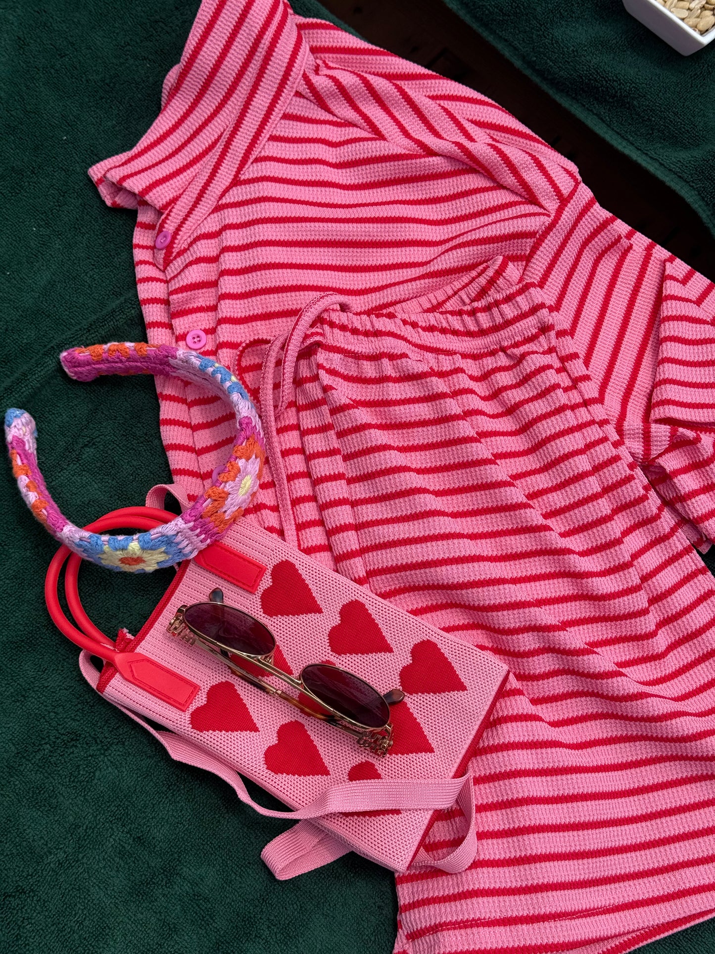 pink short sleeve striped set