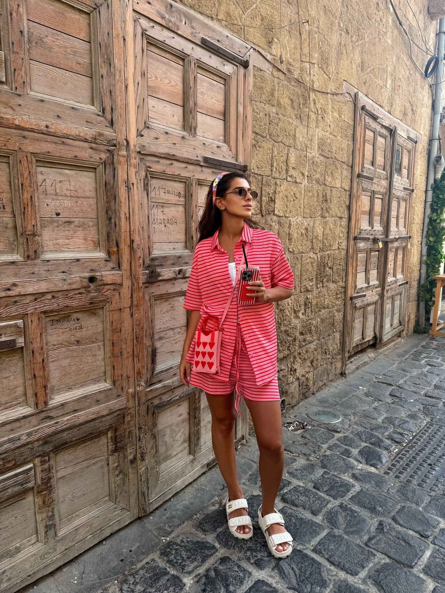 pink short sleeve striped set