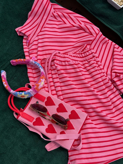 pink short sleeve striped set