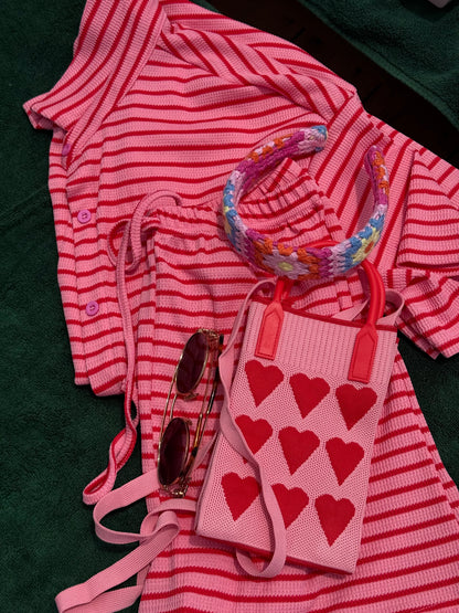 pink short sleeve striped set