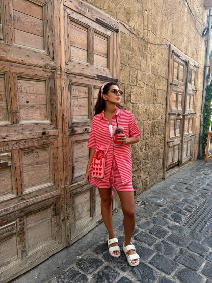 pink short sleeve striped set